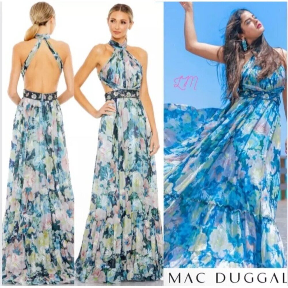 Mac Duggal Size 18 Blue Floral 68089 Halter Maxi Gown Cut Out Embellished Dress